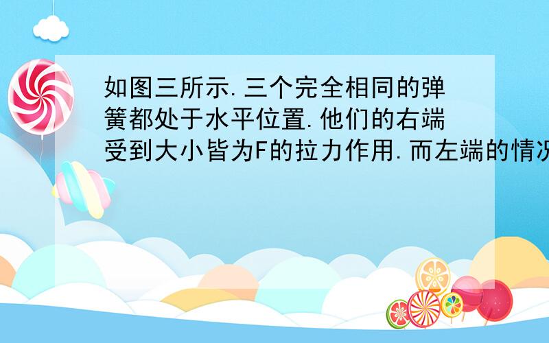 如图三所示.三个完全相同的弹簧都处于水平位置.他们的右端受到大小皆为F的拉力作用.而左端的情况各不相同.