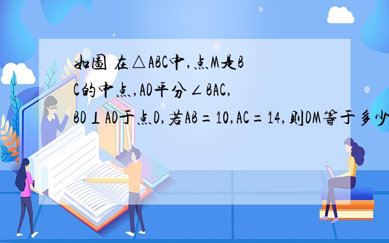 如图 在△ABC中,点M是BC的中点,AD平分∠BAC,BD⊥AD于点D,若AB=10,AC=14,则DM等于多少?