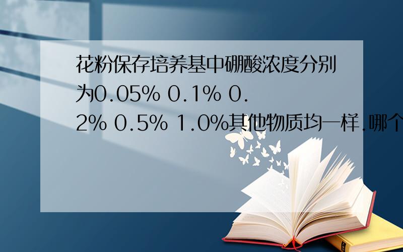 花粉保存培养基中硼酸浓度分别为0.05% 0.1% 0.2% 0.5% 1.0%其他物质均一样.哪个浓度下的花粉成活率高