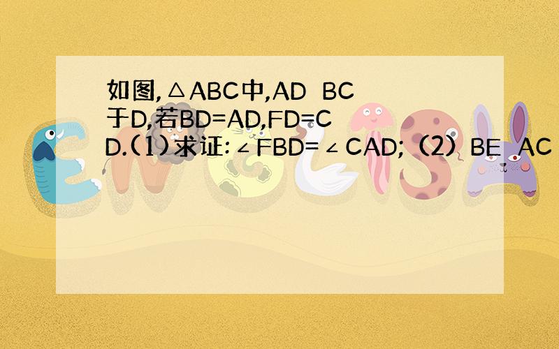 如图,△ABC中,AD⊥BC于D,若BD=AD,FD=CD.(1)求证:∠FBD=∠CAD;（2）BE⊥AC