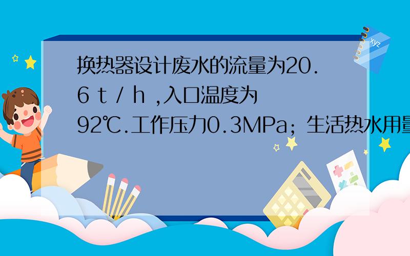 换热器设计废水的流量为20.6 t / h ,入口温度为92℃.工作压力0.3MPa；生活热水用量为28.78 t /