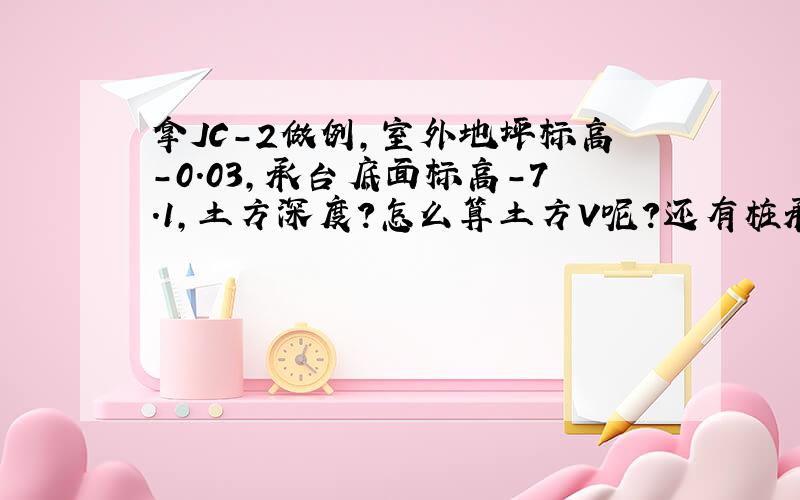 拿JC-2做例,室外地坪标高-0.03,承台底面标高-7.1,土方深度?怎么算土方V呢?还有桩承台的体积怎么算?