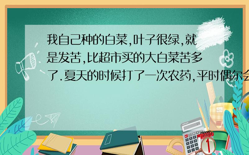 我自己种的白菜,叶子很绿,就是发苦,比超市买的大白菜苦多了.夏天的时候打了一次农药,平时偶尔会施点